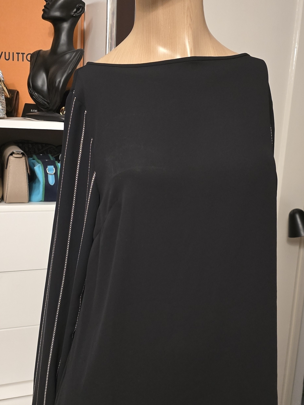 LOFT Black Women's Top Black/White Striped Sleeves Sz S
